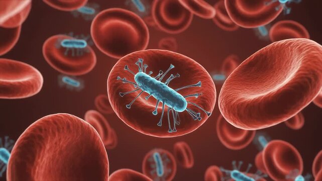 Microscopic view of red blood cells with rod-shaped bacteria and viruses circulating in the bloodstream, illustrating a dangerous infection and the body's defense against pathogens