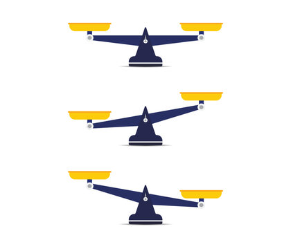 An illustration of three classic balance beam scales demonstrating neutral equilibrium, weight bias left, and weight bias right.