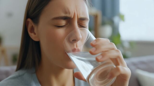 Young Woman Drinking Water with a Distressed Expression Causing Her to Frown and Squint Her Eyes in Close-Up Shot, Showing Discomfort