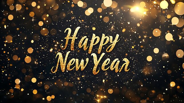 Happy New Year script text with bokeh and glitter celebration Image
