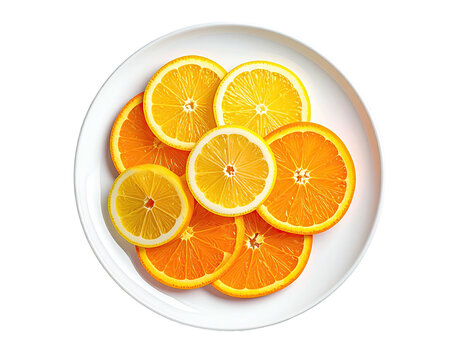 Sliced citrus oranges & lemons arranged on a white plate