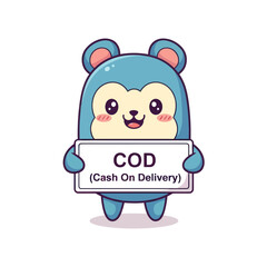 Cute cartoon character holding a COD sign for cash on delivery service.