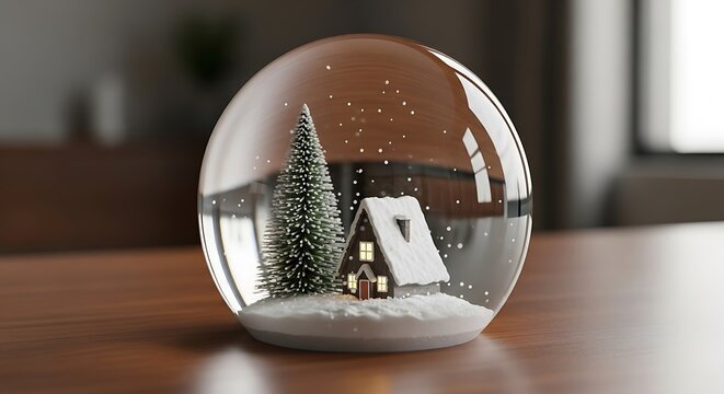 Festive winter scene inside an oval snow globe with a decorated christmas tree and house - Powered by Adobe