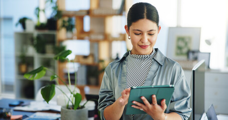 Tablet, research and businesswoman in office with email for approval on creative project. Digital...