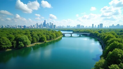 Fototapeta premium Aerial view of a wide river flowing through a lush green forest towards a distant city skyline