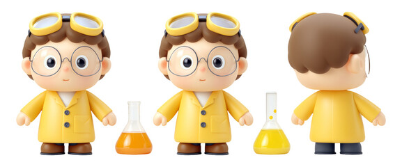 Charming 3D Scientist Toy Character Illustration with Lab Equipment and Beakers