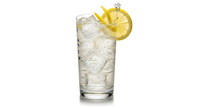 Refreshing Gin and Tonic or Tom Collins Cocktail with Lemon Garnish Isolated on White Background
