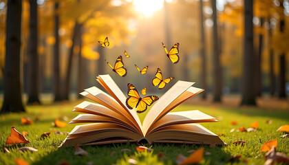 Magical Open Book with Monarch Butterflies in Autumn Forest