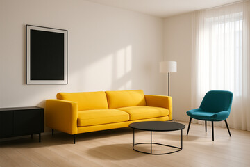 Fototapeta premium Minimalist Living Room with Black and White Furniture and Vibrant Accent