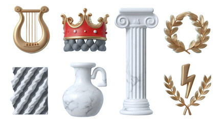 3D Greek Mythology Icons with Lyre, Crown, Column, Vase, and Laurel Leaves