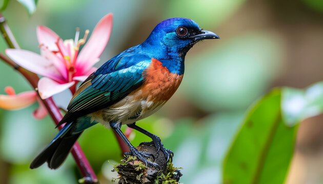 Colorful wildlife bird featuring a lilac-breasted roller and a blue kingfisher with a red beak perched on a tropical branch - Powered by Adobe