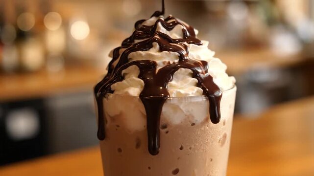 Delicious chocolate frappe with whipped cream being drizzled with chocolate sauce