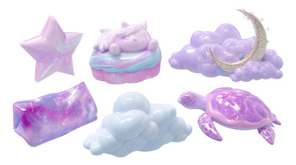 Magical Candy Creatures with Glossy Finish in Pastel Colors against Transparent Background