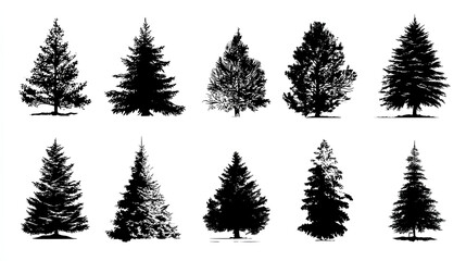 Obraz premium Christmas tree silhouette clipart set. Black Christmas tree drawing clip art collection in white background for xmas season pine tree flat icon decoration vector illustration. 