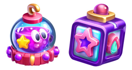 Colorful cartoon jellytech components in a glossy 3D illustration with a transparent background