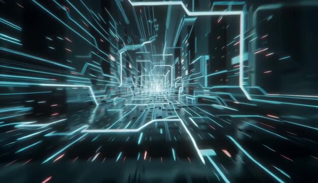 Abstract digital technology tunnel with neon lights for futuristic concepts and networking