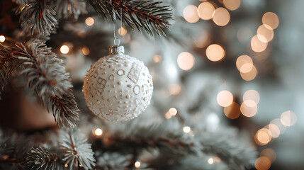 Christmas white decoration ball and spruce tree close up, bokeh lights background. Merry Christmas and Happy Holidays greeting card. New Year. Noel. Winter festive xmas theme 