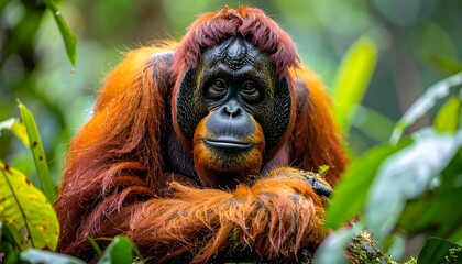 Fototapeta premium Endangered Sumatran orangutan baby portrait in the wild jungle of Borneo, Indonesia, with its brown hairy mother