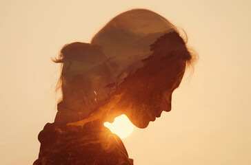 Contemplative woman silhouette with mountain landscape, nature connection and inner peace concept