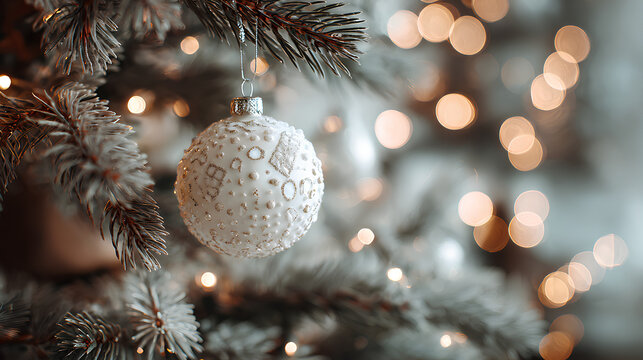Christmas white decoration ball and spruce tree close up, bokeh lights background. Merry Christmas and Happy Holidays greeting card. New Year. Noel. Winter festive xmas theme - Powered by Adobe