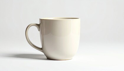 Fototapeta premium and keyword listCeramic Mug Stands Alone on White Surface, Casting Shadow in Studio