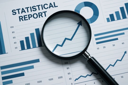 Close-up view of a magnifying glass highlighting an upward trend in a statistical report. Concept of data analysis, research, and growth in business insights. - Powered by Adobe
