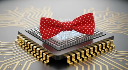 Red polka dot bow tie adorning a stack of computer processors on a circuit board