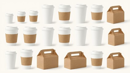Diverse array of disposable coffee cups with lids and brown paper sleeves, alongside brown paper carry-out food boxes, presented on a soft, neutral background in a  setting.