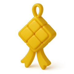 A 3D rendered yellow ketupat decoration with a loop at the top and ribbons at the bottom, isolated on a white background.