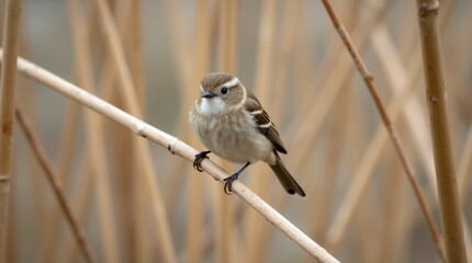 Small sparrow perched on a dry reed stalk in soft natural light
