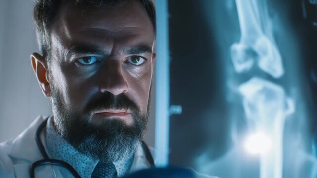A doctor analyzing an X-ray film of a broken bone under light box illumination, depicting a serious diagnosis process.