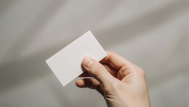 Hand holding a blank white business card with soft shadows.