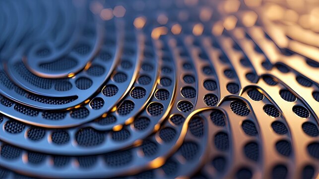 Close-up of a metallic abstract structure with a pattern of circular holes and mesh texture, lit with warm and cool tones. - Powered by Adobe