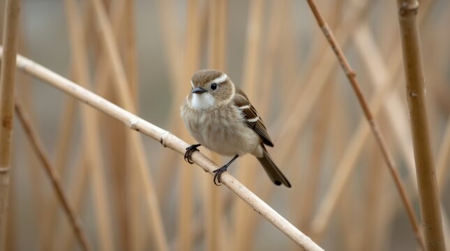 Small sparrow perched on a dry reed stalk in soft natural light