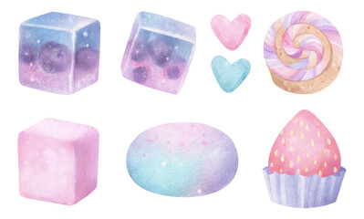 Charming Watercolor Valentine Treat Shapes in Pastel Colors on Transparent Background