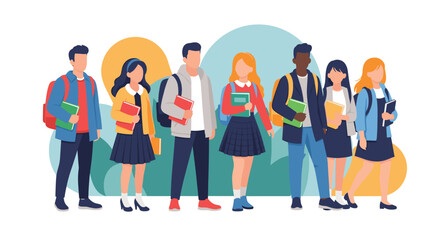 Obraz premium A diverse group of happy students with backpacks and books walking together, ready for school and learning, representing education and youth culture.