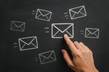 Hand selecting an email icon on a chalkboard, representing digital communication, networking, and modern connectivity. Concept of information exchange and business communication.