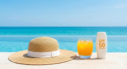 Summer Vacation Essentials Sunscreen and Hat by Infinity Pool