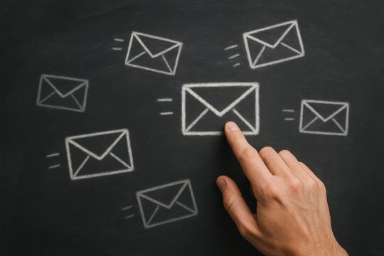 Hand selecting an email icon on a chalkboard, representing digital communication, networking, and modern connectivity. Concept of information exchange and business communication.