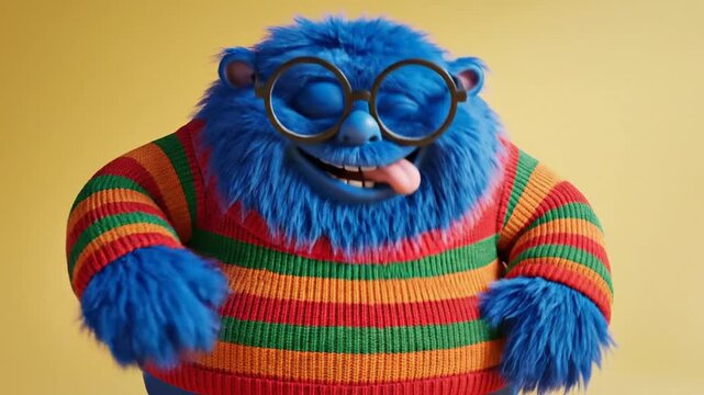 Cartoon character in colorful sweater and glasses on yellow background smiling furry monster vector illustration