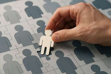 Hand placing a wooden figure among gray puzzle pieces, symbolizing individual roles in a larger community or workforce. Concept of teamwork, collaboration, and personal contribution.