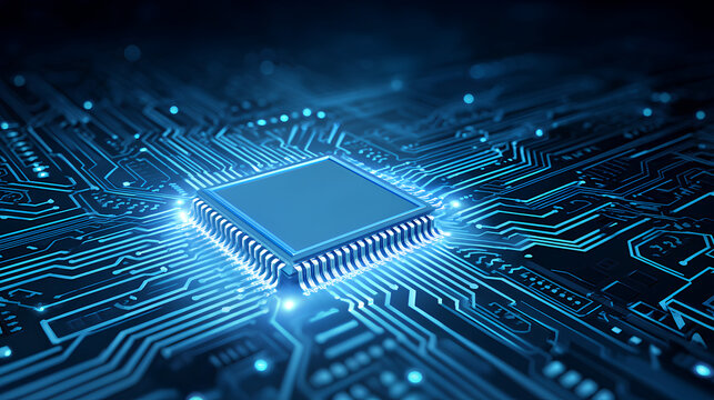 Circuit board components on a technology blue background. Horizontal web banner with empty place for text. AI chip on a futuristic chipset motherboard. Tech bg. Abstract digital vector illustration.