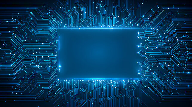 Circuit board frame with an empty place in the center on a technology blue background. AI innovation concept. Tech template for web and presentations. Digital vector illustration Stock Vector 