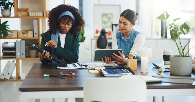 Business, people and reading with tablet in office for solar panel, sustainable planning and report. Women, digital or solution for renewable energy, photovoltaic information and eco friendly project - Powered by Adobe