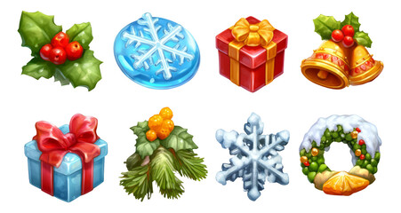 Handpainted Northern Icons Featuring Holiday Elements on Glossy Transparent Background