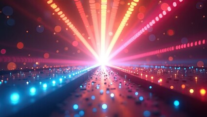 Futuristic digital landscape features bright, glowing lights illuminating a dark surface with a vibrant display of colors; a futuristic concept with bokeh effects creating a mesmerizing visual of...