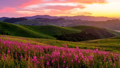 Lush green hills dotted with pink wildflowers at sunset, colorful sky