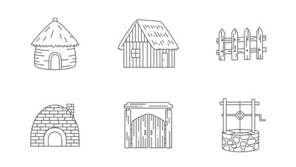 Naklejka premium Illustration showing a collection of village structures including huts, a fence, oven, gate and well design