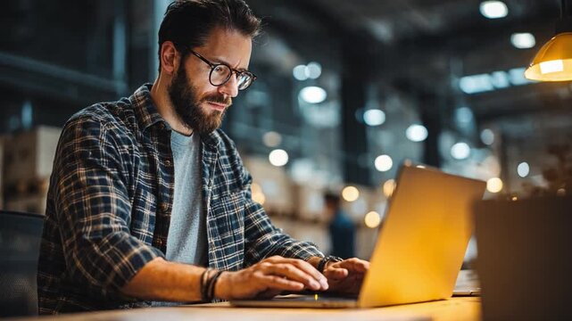 A focused entrepreneur reviewing digital payment reports and managing online orders on a laptop in a coworking space.