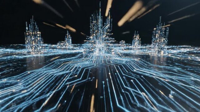 Futuristic digital cityscape with glowing circuit lines and skyscrapers creating dynamic high tech network and innovation atmosphere featuring blue light reflections and dark background